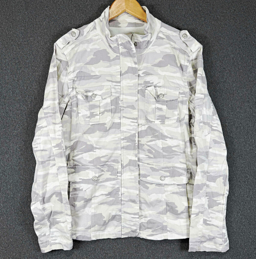 Kensie Jeans Jacket Womens XL Gray White Camo Utility Military Cargo Zip Front